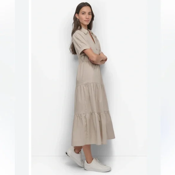 NWT DKNY Khaki Tiered Button Down Tie Waist Midi Dress Sz 12 - Picture 1 of 9